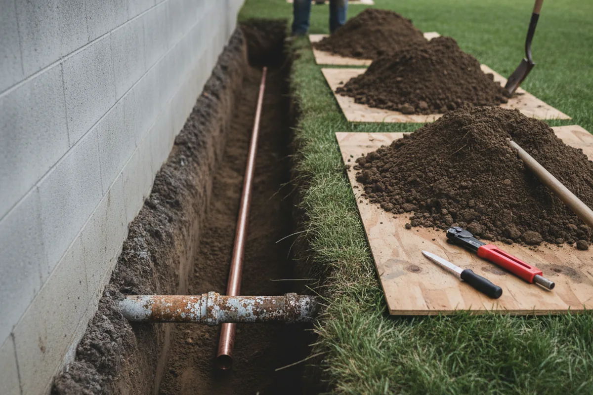 Excavated water line trench during Water Heater Repair in Harleton